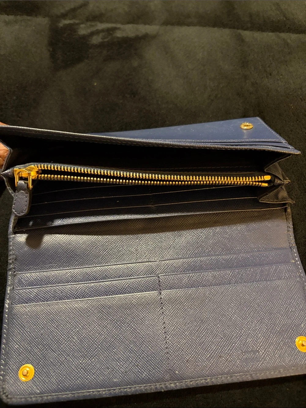 Prada Navy Blue Saffiano Leather Continental Wallet with Gold Logo
